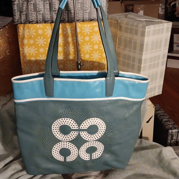 🤟TRADED🤟Hold for BO COACH Large Turquoise/Gray Tote Bag Op Art - Picture 2 of 9